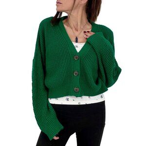 Vintage 90s Urban Outfitters Kelly Green Chunky Knit V-Neck Cardigan Sweater Y2K